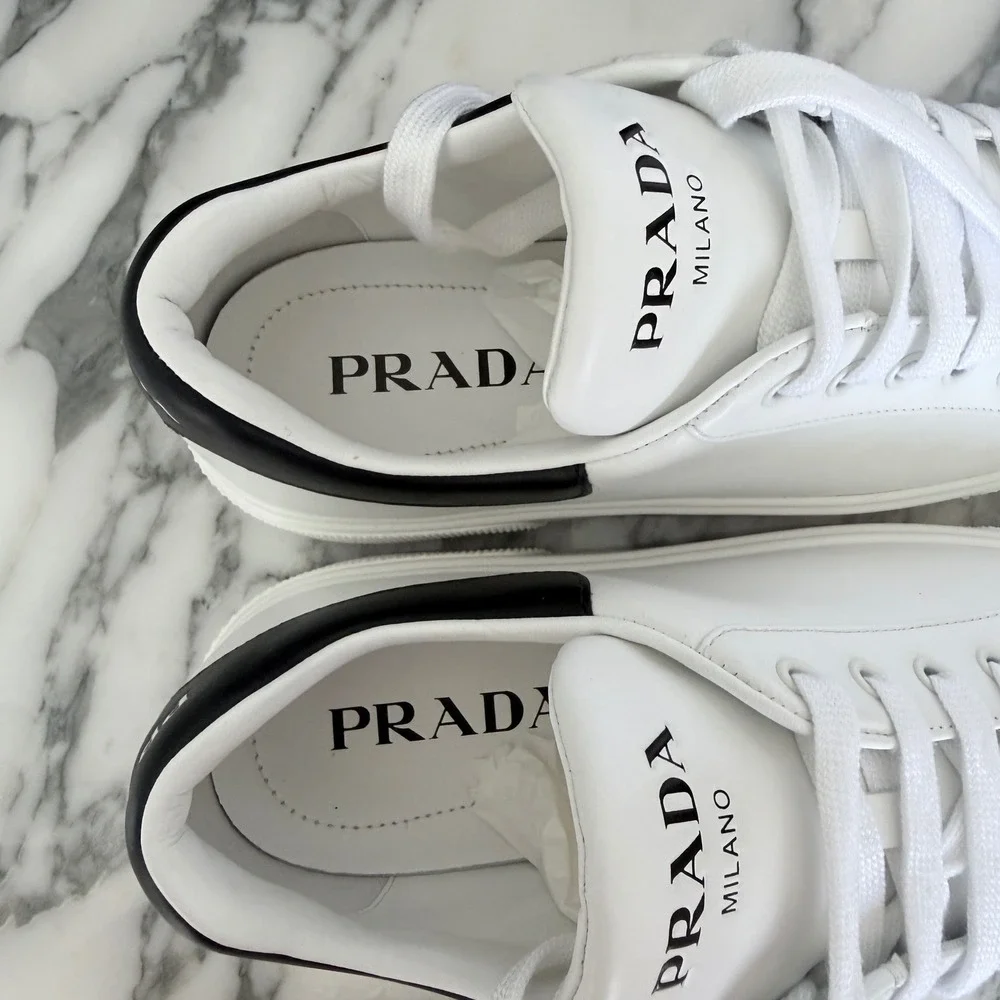 Prada Women White Leather Low Top Sneakers Black Heel Tab 1E621M Size US 9.5